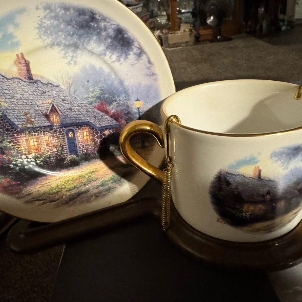 Cottage Scene Teacup and Saucer Set with Gold Accents